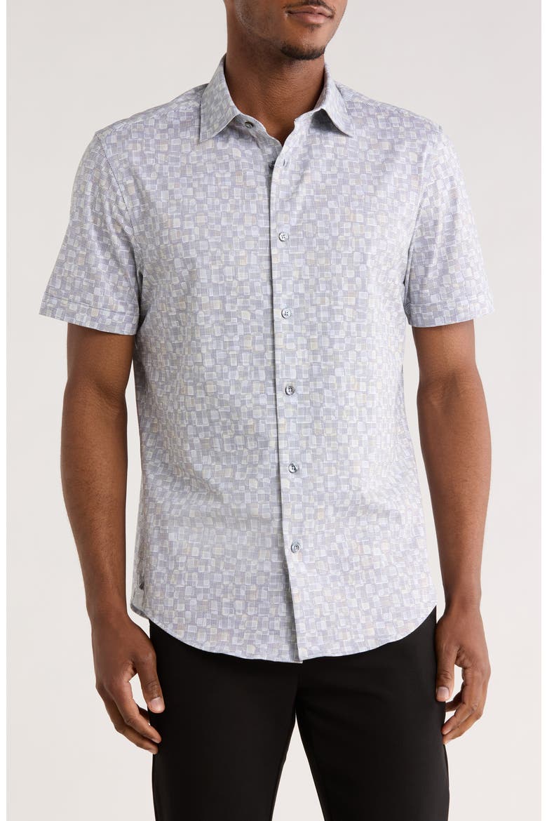 Print Short Sleeve Button-Up Shirt, Main, color, DESERT