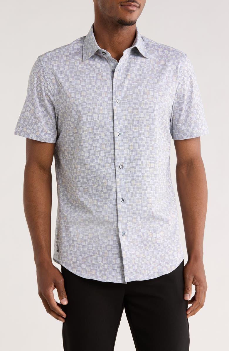 Bugatchi Print Short Sleeve Button-Up Shirt, Main, color, Desert