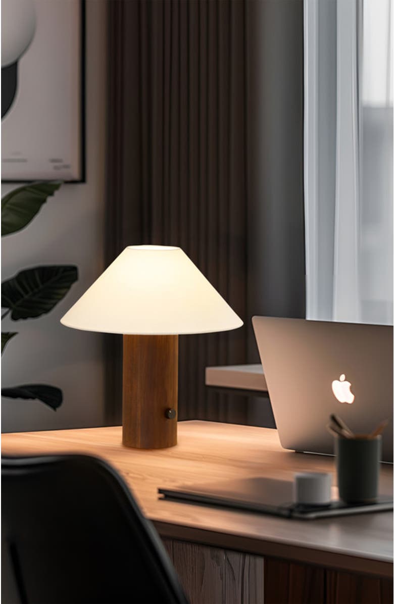 Brightech Oakley 13" Modern LED Walnut Wood Table Lamp with Cream Fabric Shade, Bulb Included, Alternate, color, Walnut