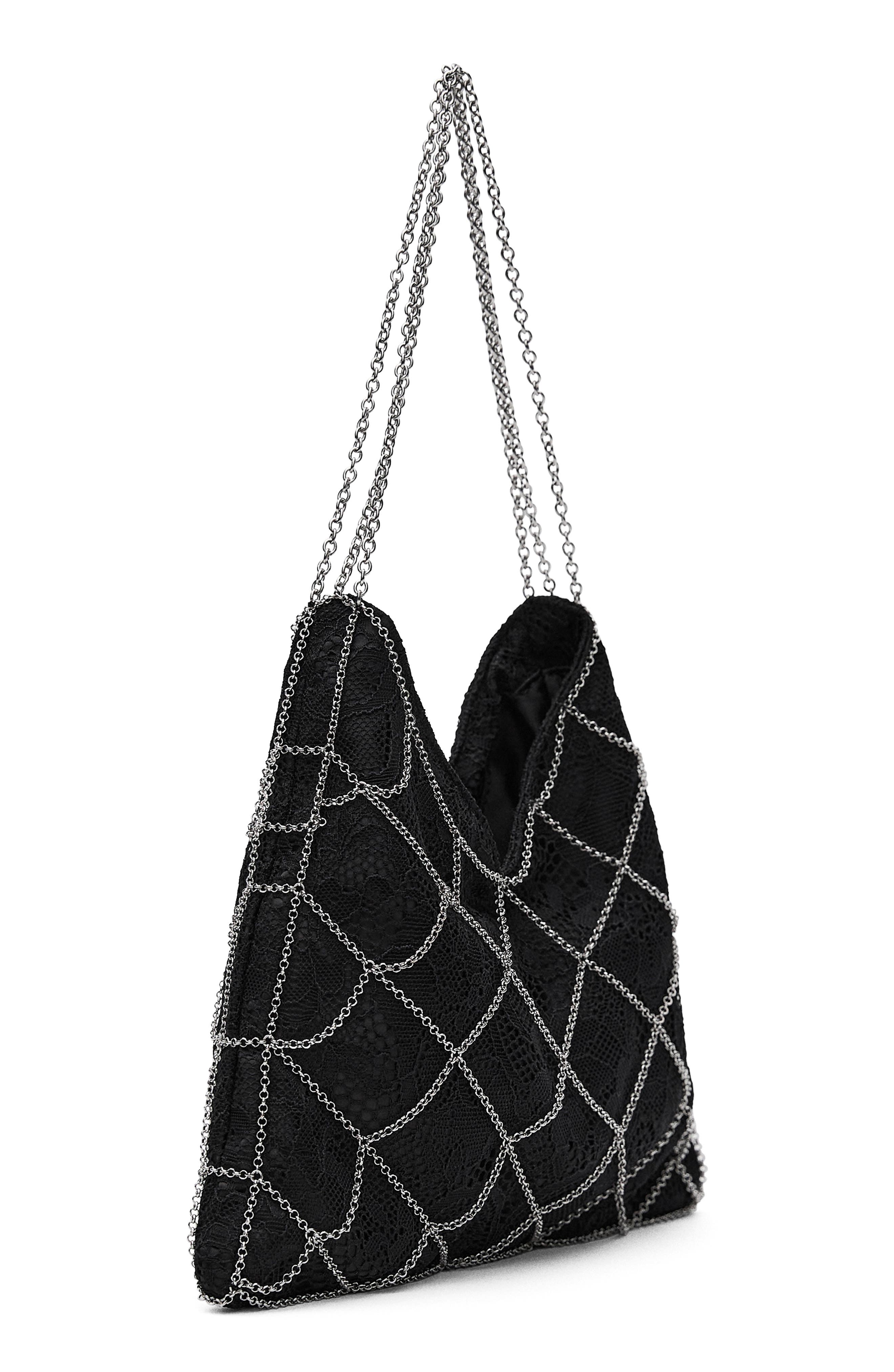 MANGO GUIPURE MESH CHAIN BAG, Alternate, color, Black