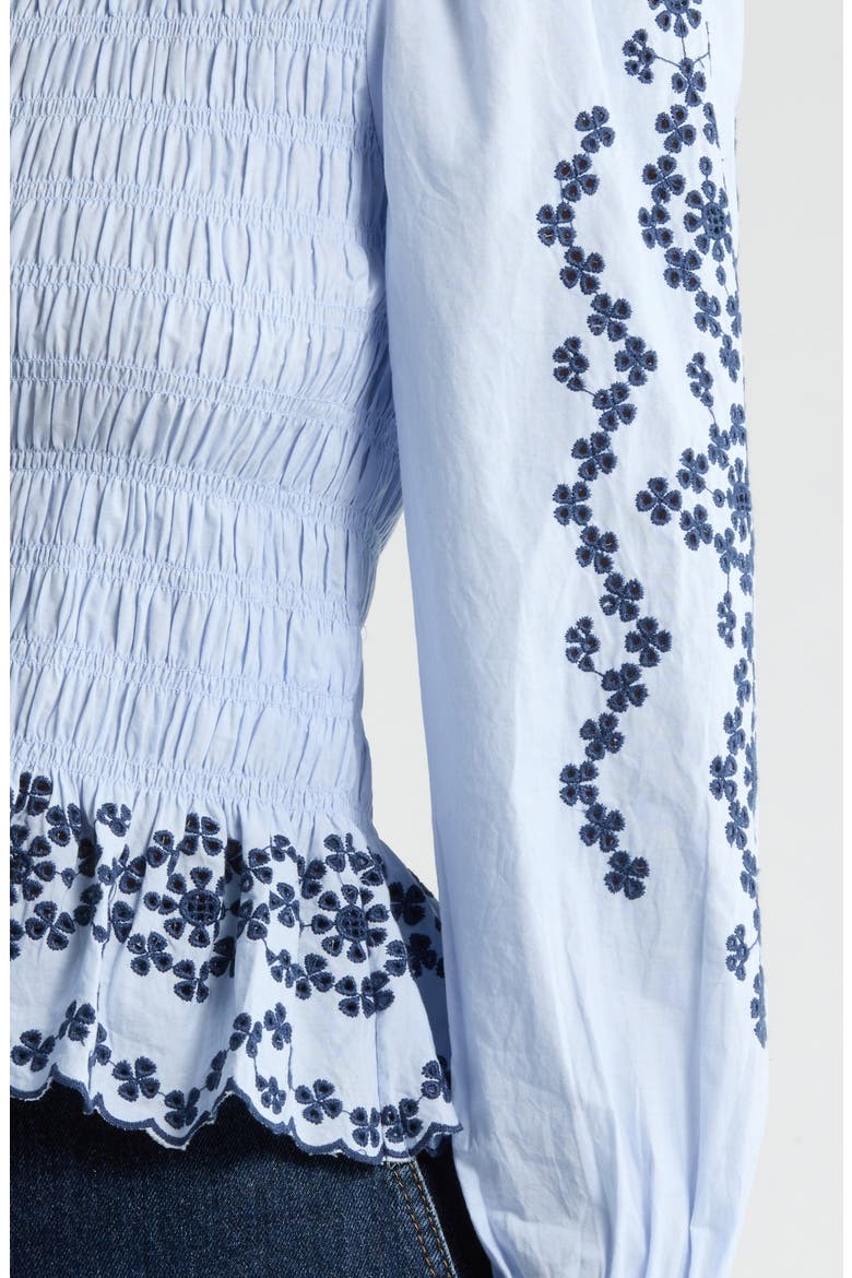 Tabi Embroidered Smocked Cotton Top, Alternate, color, BLUE BIRD