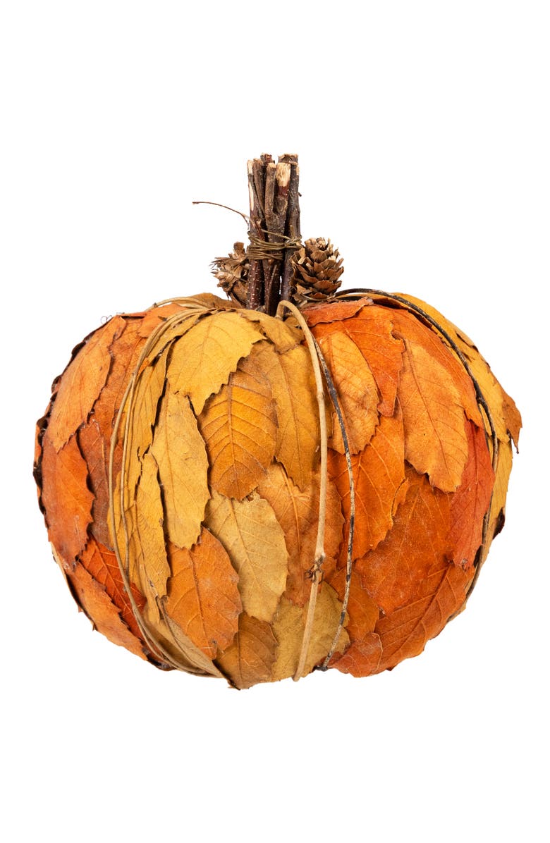 Northlight Layered Leaves and Twigs Fall Harvest Pumpkin with Pinecones - 7.5" - Orange, Alternate, color, Orange