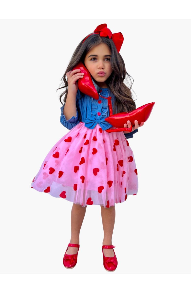 Mia Belle Girls Twirl Into My Heart Chambray Tutu Dress, Alternate, color, Red