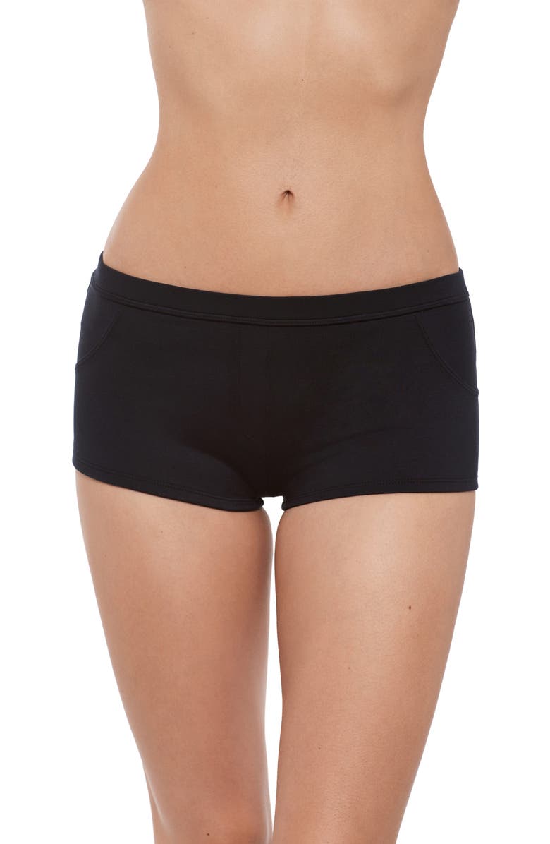 Steve Madden Hip Hugger Shorty Swim Shorts, Main, color, Black