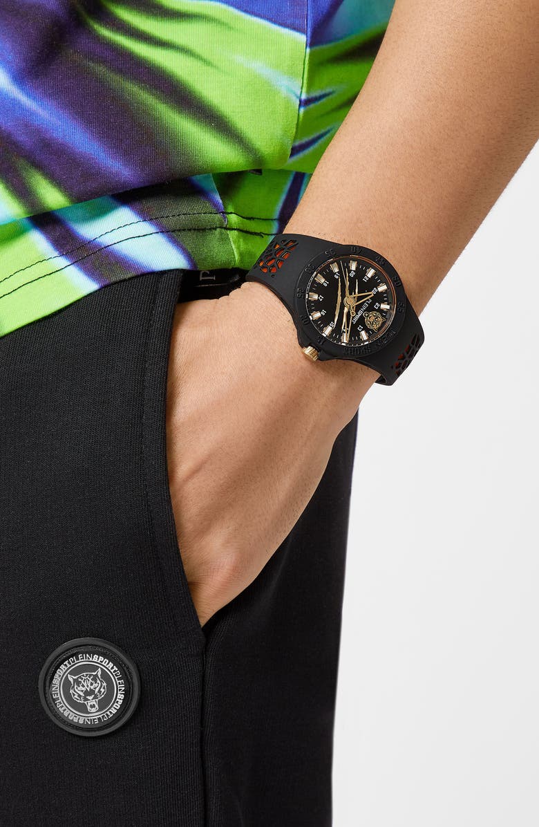 PLEIN SPORT Three-Hand Quartz Silicone Strap Watch, 40mm, Alternate, color, Black