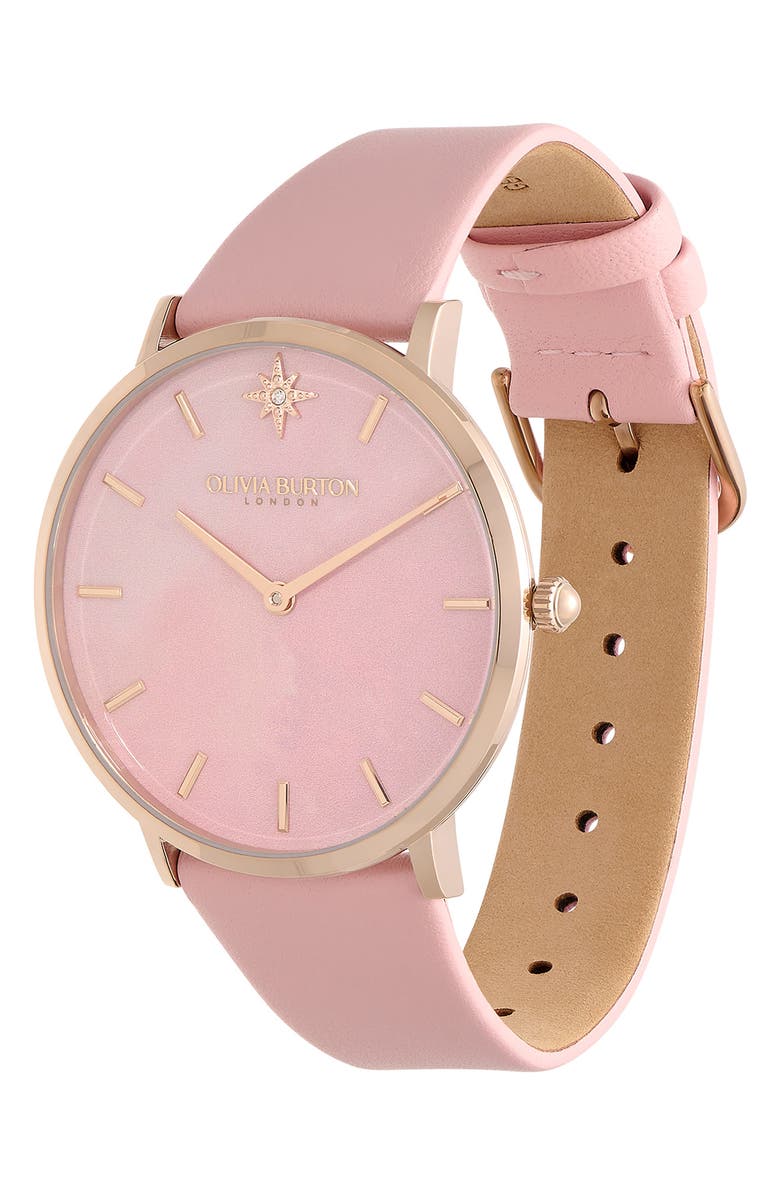 Olivia Burton Celestial Leather Strap Watch, 40mm, Alternate, color, Rose