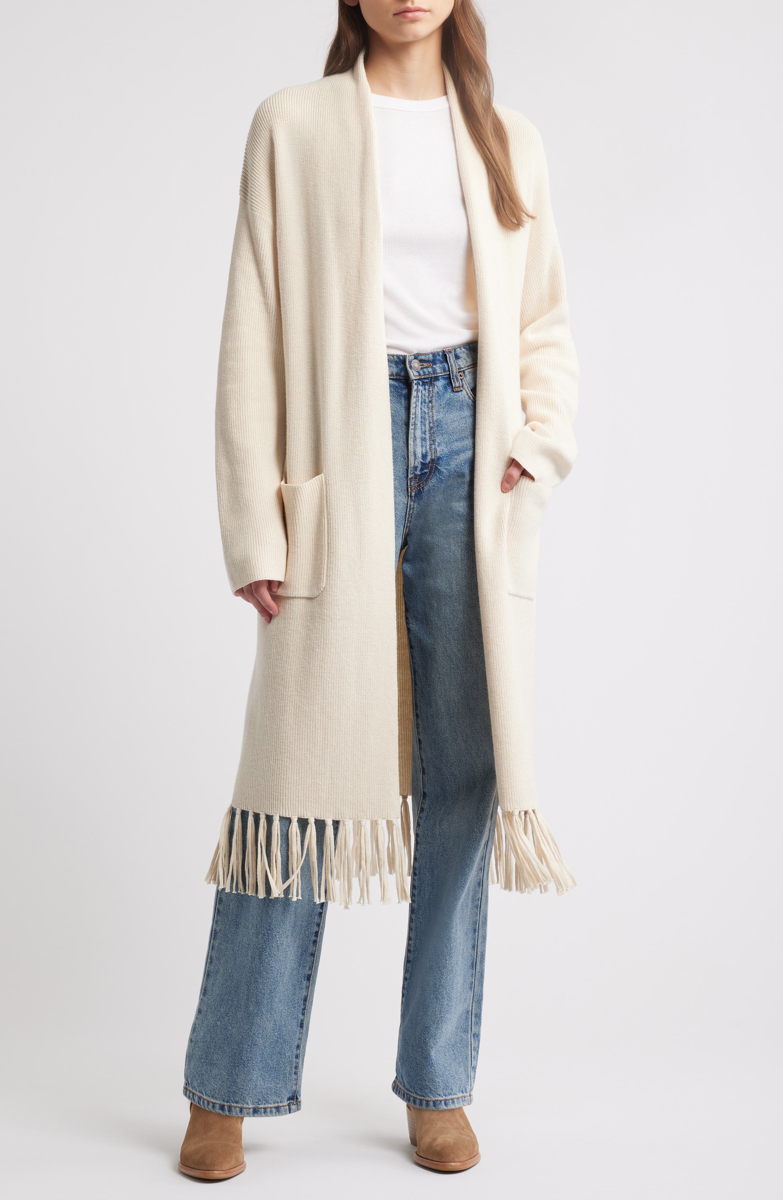 Treasure & Bond Fringe Long Open Front Cardigan