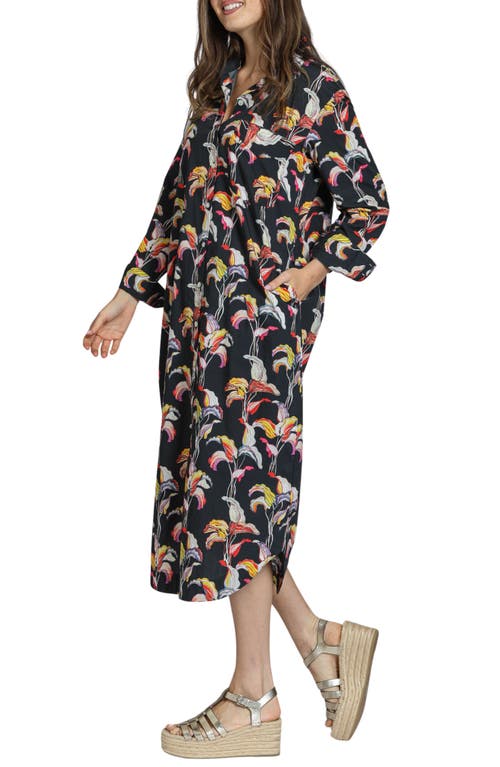 Apny Printed Long Sleeve Cotton Shirtdress In Black Multi