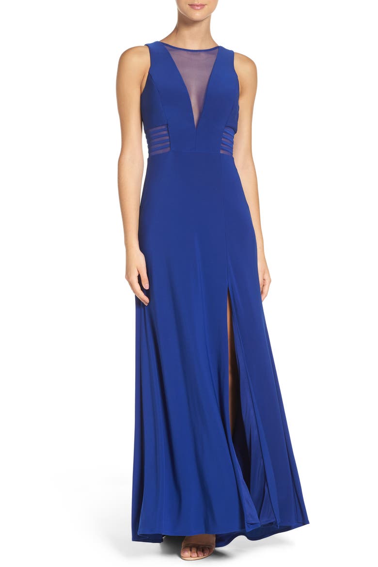 Illusion Panel A-Line Gown, Main, color, COBALT