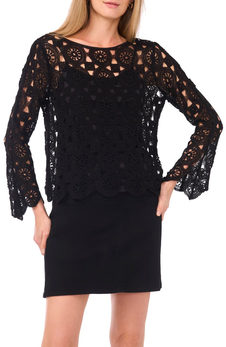 Vince Camuto Flare Sleeve Open Stitch Top, Main, color, Rich Black