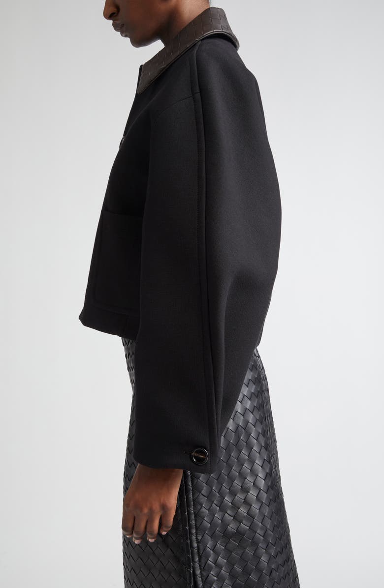 Bottega Veneta Curved Sleeve Crop Jacket with Intrecciato Leather Collar, Alternate, color, 