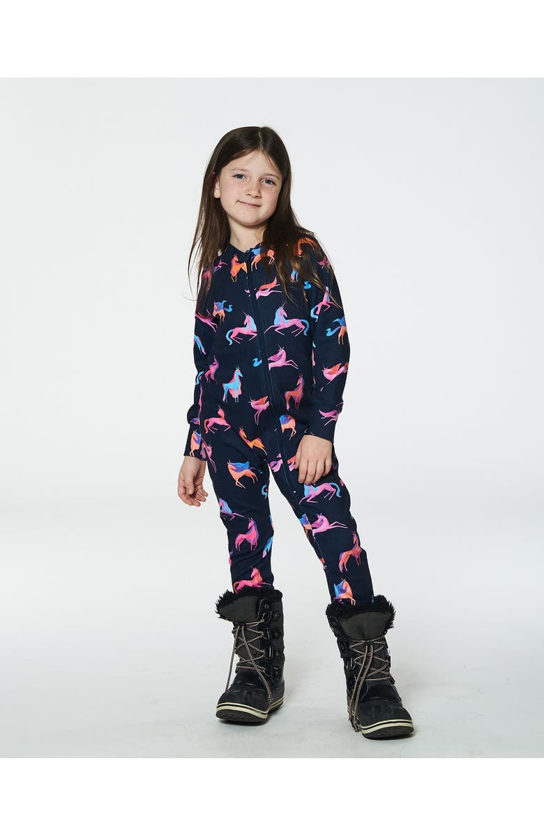 Deux par Deux Baby Girl's One Piece Thermal Underwear Navy Printed Unicorn, Alternate, color,