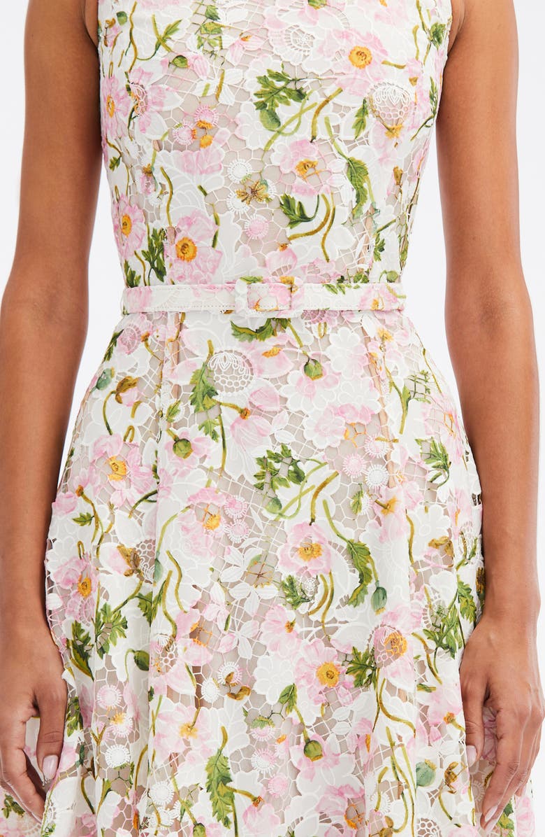 Oscar de la Renta Poppy Print Belted Guipure Lace Midi Dress, Alternate, color,
