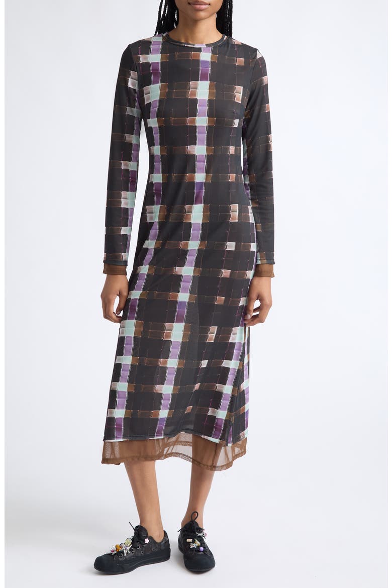 Cardio Yuri Long Sleeve Maxi Dress, Main, color, CHOCOLATE PAINTED PLAID