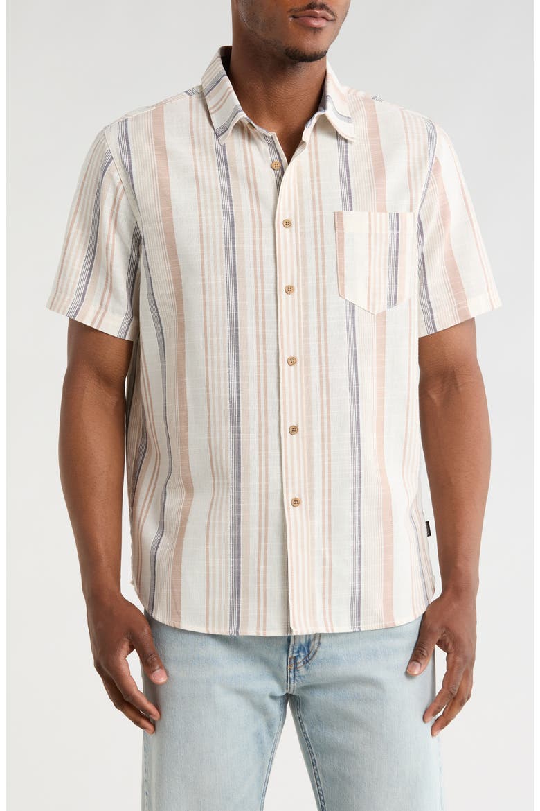 Rio Stripe Short Sleeve Button-Up Shirt, Main, color, FLAX