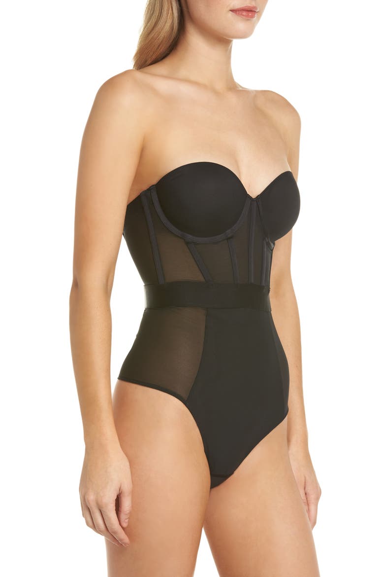 Sheers Strapless Underwire Bodysuit, Alternate, color, DK BLACK