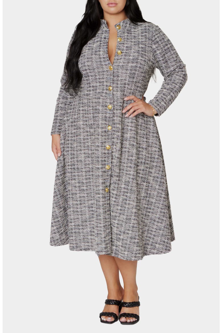 Chelsea Long Sleeve Tweed Midi Dress, Alternate, color, BLACK