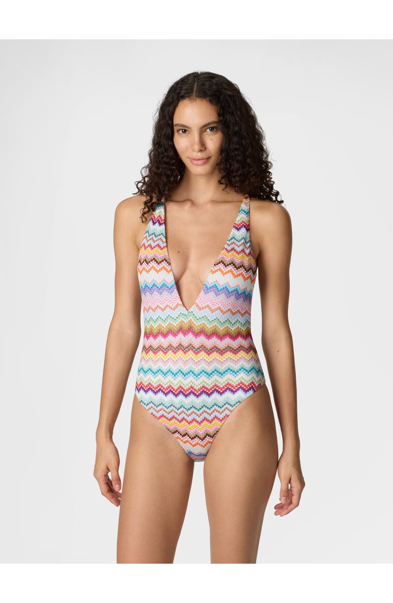 Missoni One-piece Swimsuit In Lamé Viscose With Pixel-effect Zigzag Pattern And V-neckline, Alternate, color, Multicoloured