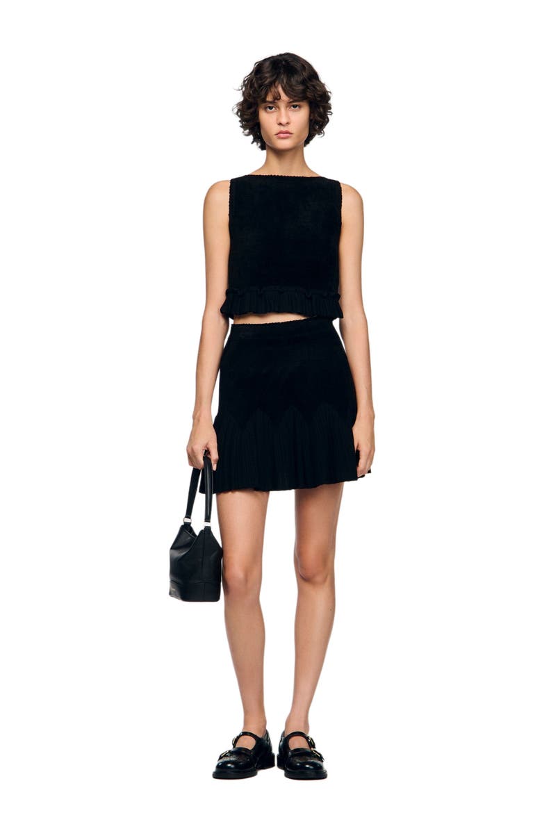 SANDRO Ruffled knit crop top, Alternate, color, Black