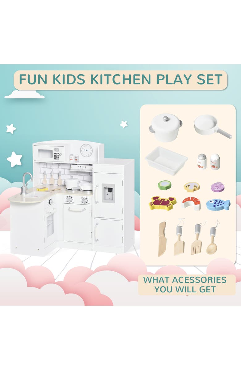 Qaba Kids Play Kitchen Set Pretend Wooden Cooking Toy Set, Alternate, color, White