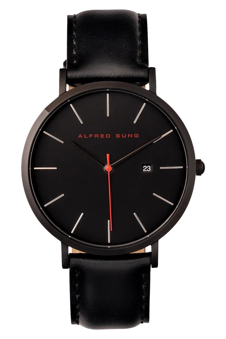 Dual Time Quartz Leather Strap Watch, 42mm, Main, color, BLACK STRAP BLACK DIAL