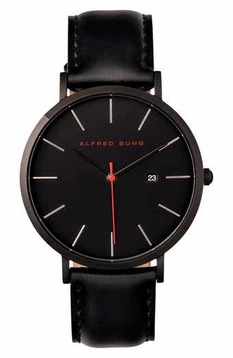Alfred Sung Dual Time Quartz Leather Strap Watch, 42mm