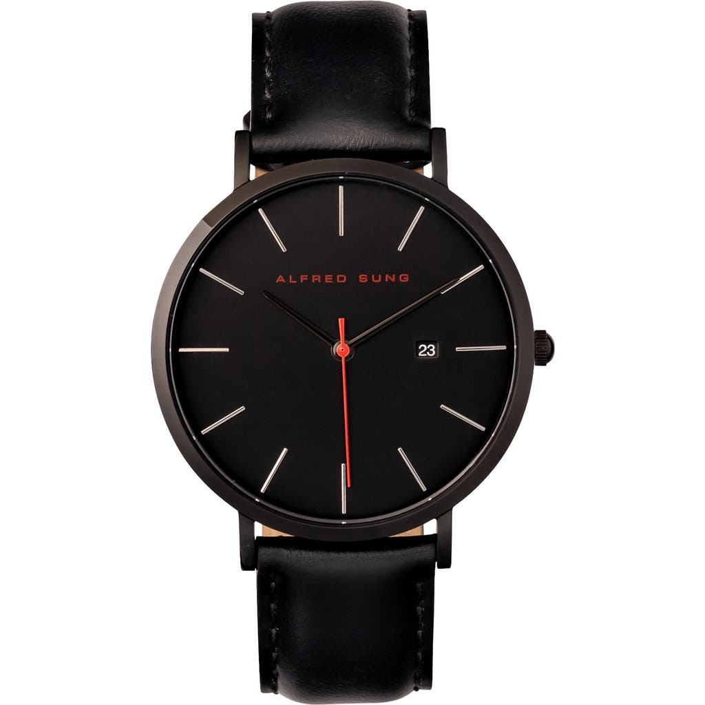 Alfred Sung Dual Time Quartz Leather Strap Watch, 42mm In Black Strap Black Dial