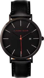 Alfred Sung Dual Time Quartz Leather Strap Watch, 42mm