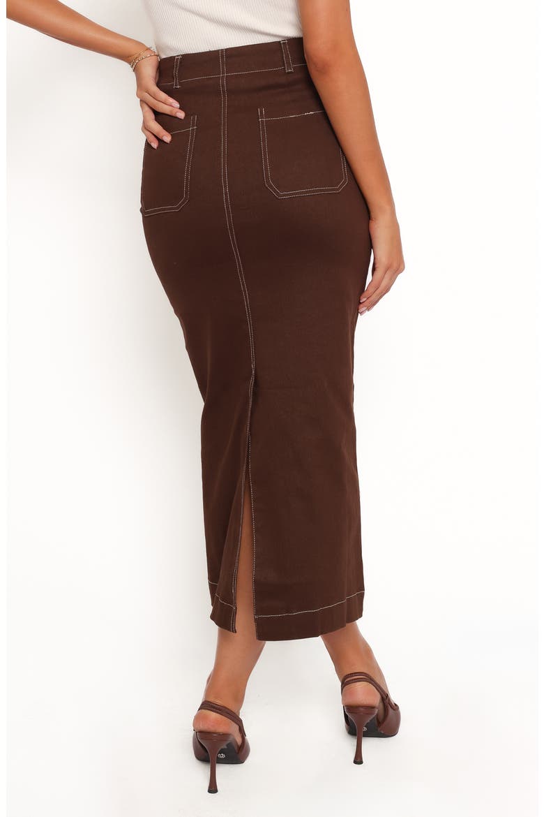 Nikko Topstitch Detail Stretch Cotton Midi Skirt, Alternate, color, CHOCOLATE BROWN
