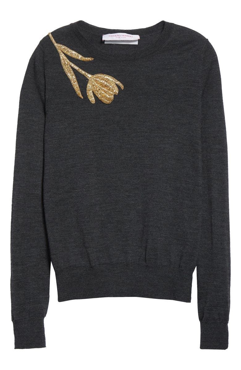 Carolina Herrera Embroidered Long Sleeve Virgin Wool & Silk Crewneck Sweater, Alternate, color, Charcoal Grey