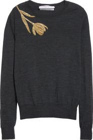 Carolina Herrera Embroidered Long Sleeve Virgin Wool & Silk Crewneck Sweater