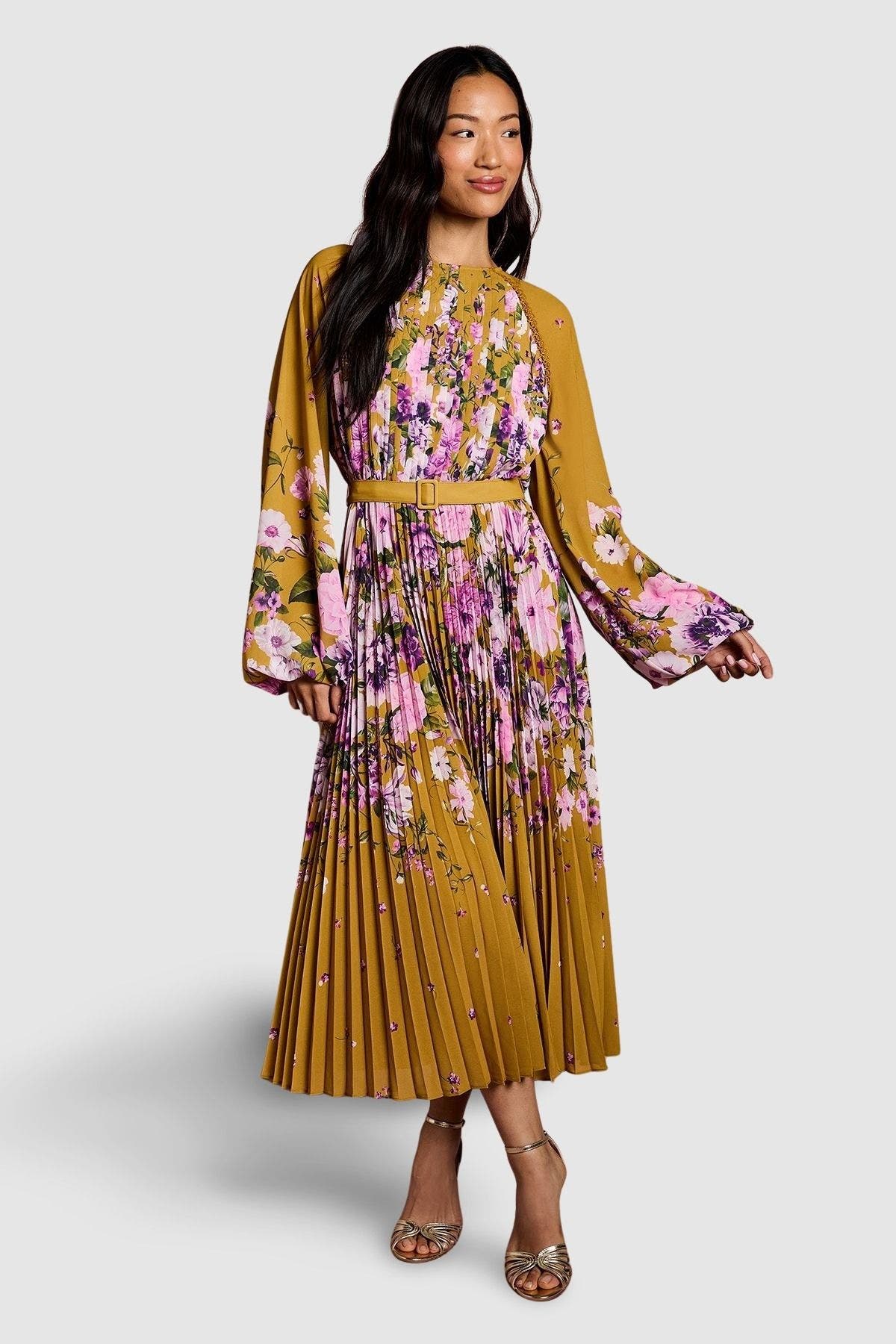 Coast Floral Pleated Georgette Midi Dress In Multi