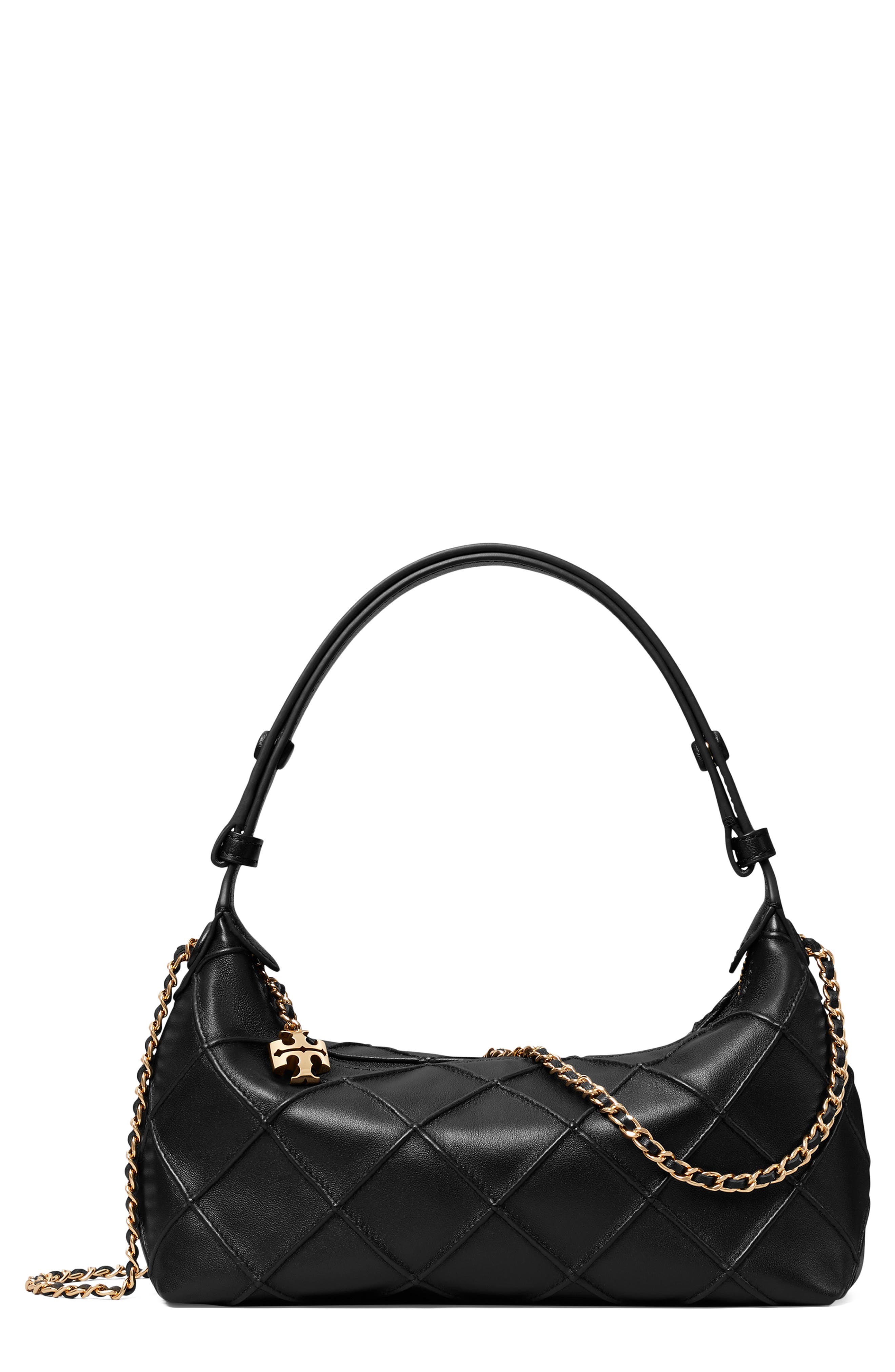Tory Burch Fleming Pochette Quilted Leather Shoulder Bag, Main, color, Black