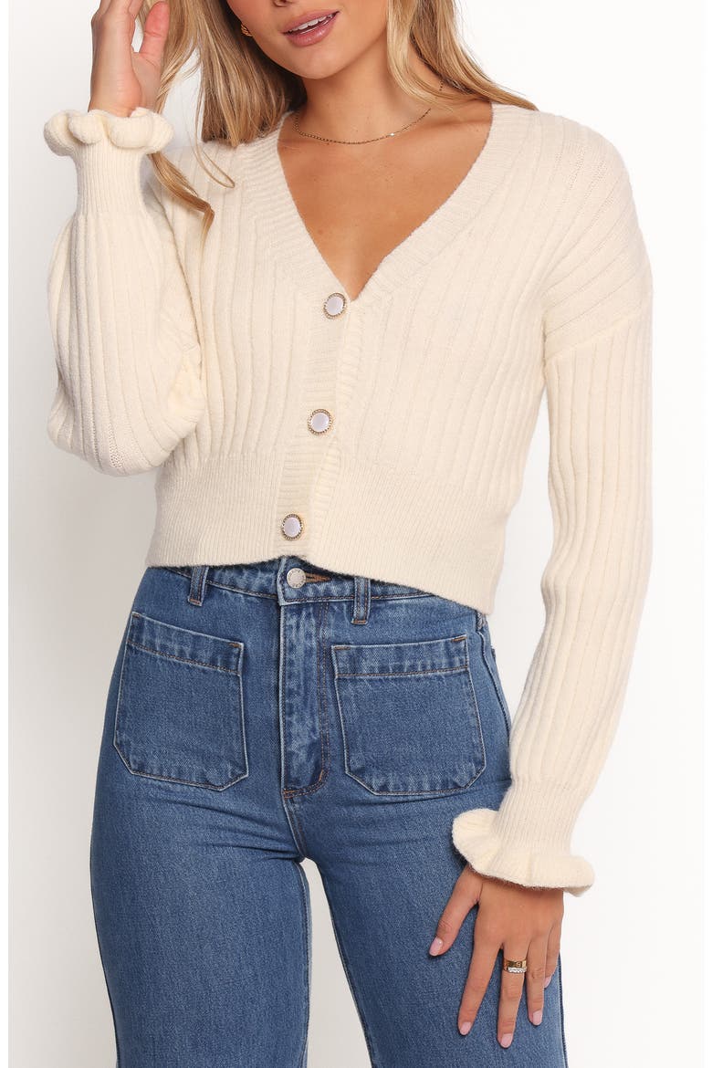 Zana Ruffle Cuff Crop Rib Cardigan, Main, color, CREAM
