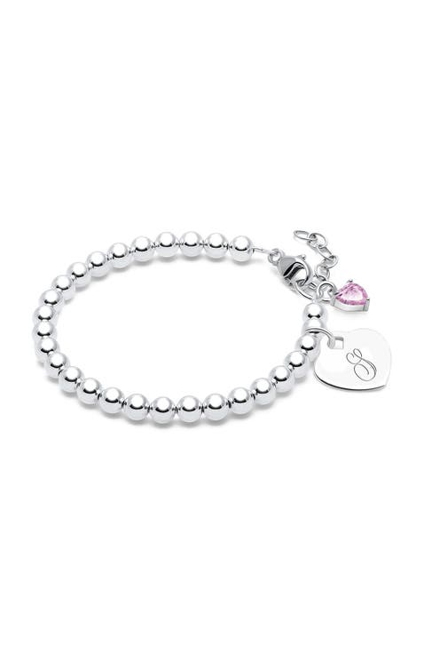 Sterling Silver 4mm Beads & Engraved Initial 6.25" Bracelet