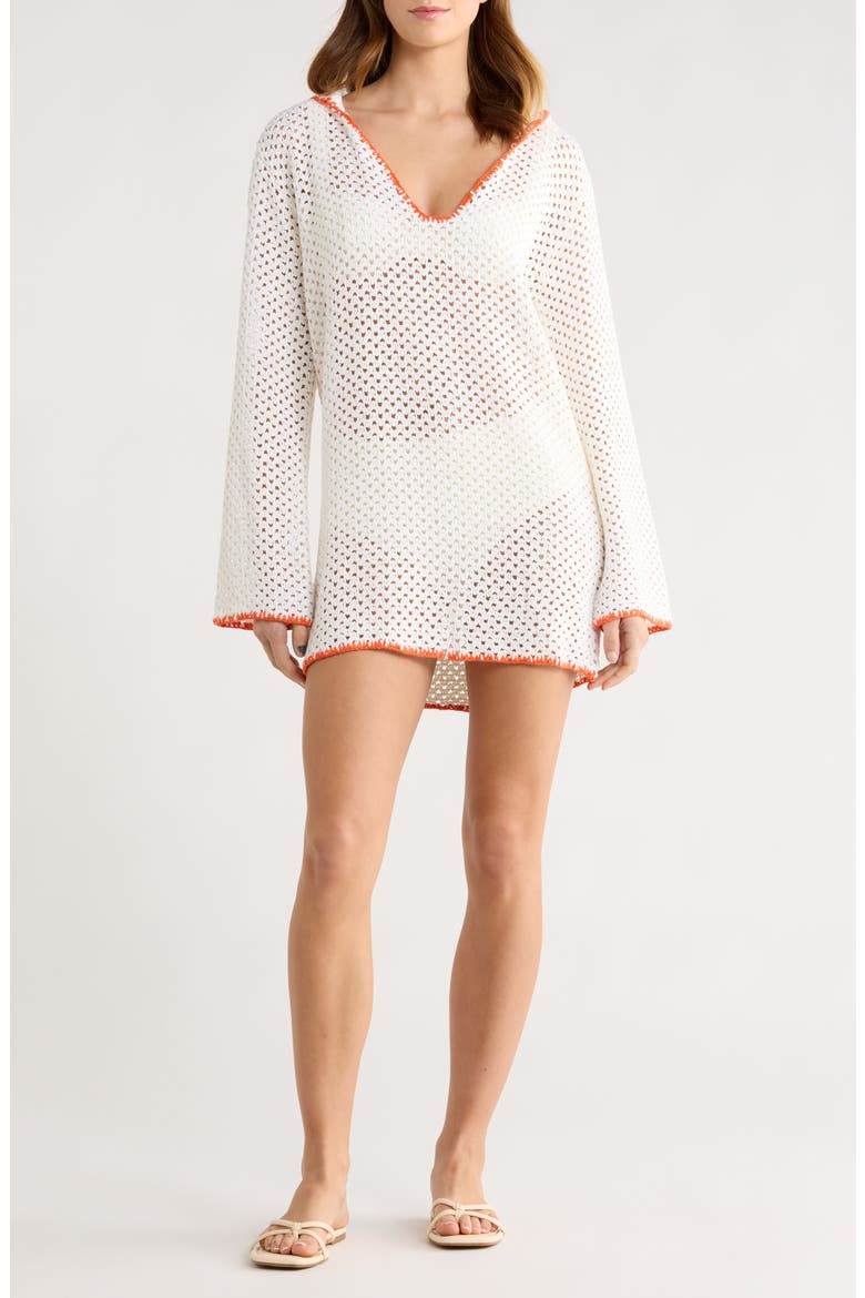 Long Sleeve Sheer Open Stitch Cover-Up Dress, Main, color, WHITE