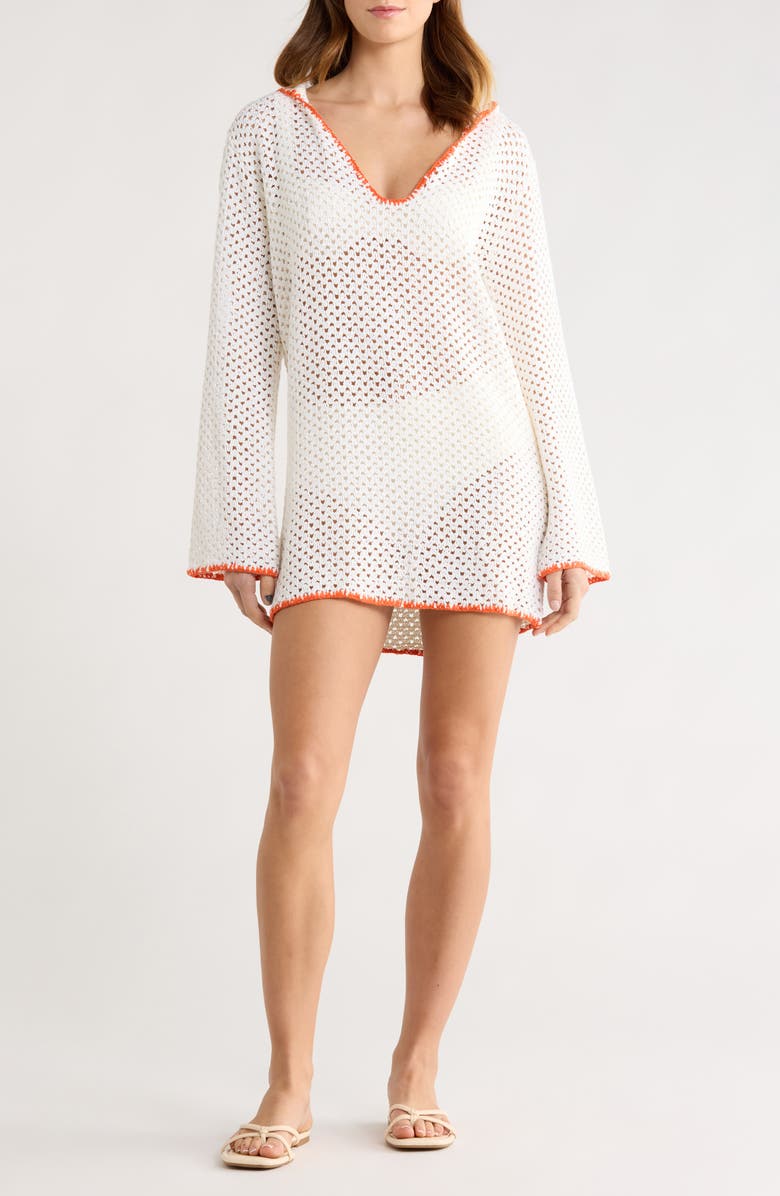 Elan Long Sleeve Sheer Open Stitch Cover-Up Dress, Main, color, White