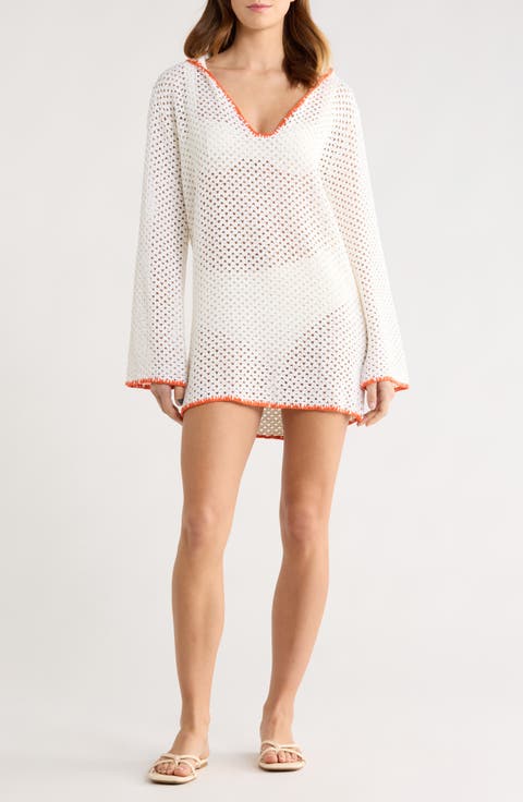 Long Sleeve Sheer Open Stitch Cover-Up Dress
