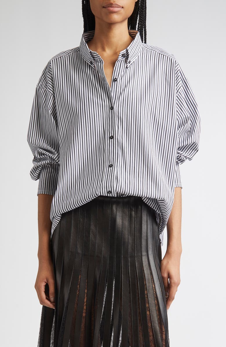 Brandon Maxwell The Javi Stripe Boxy Cotton Poplin Button-Down Shirt, Main, color, Grey Black Stripe