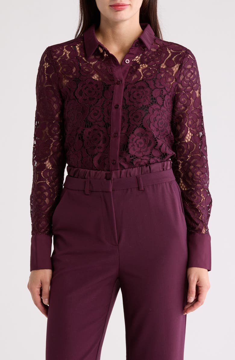 Ellen Tracy Lace Button-Up Shirt, Main, color, Winetasting Paisley