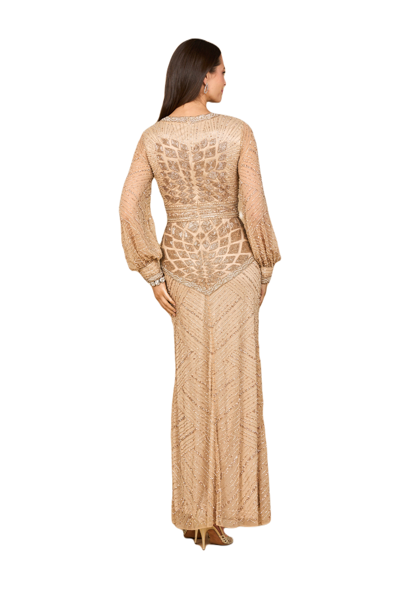V-Neck Beaded Long Sleeve Dress, Alternate, color, Nude