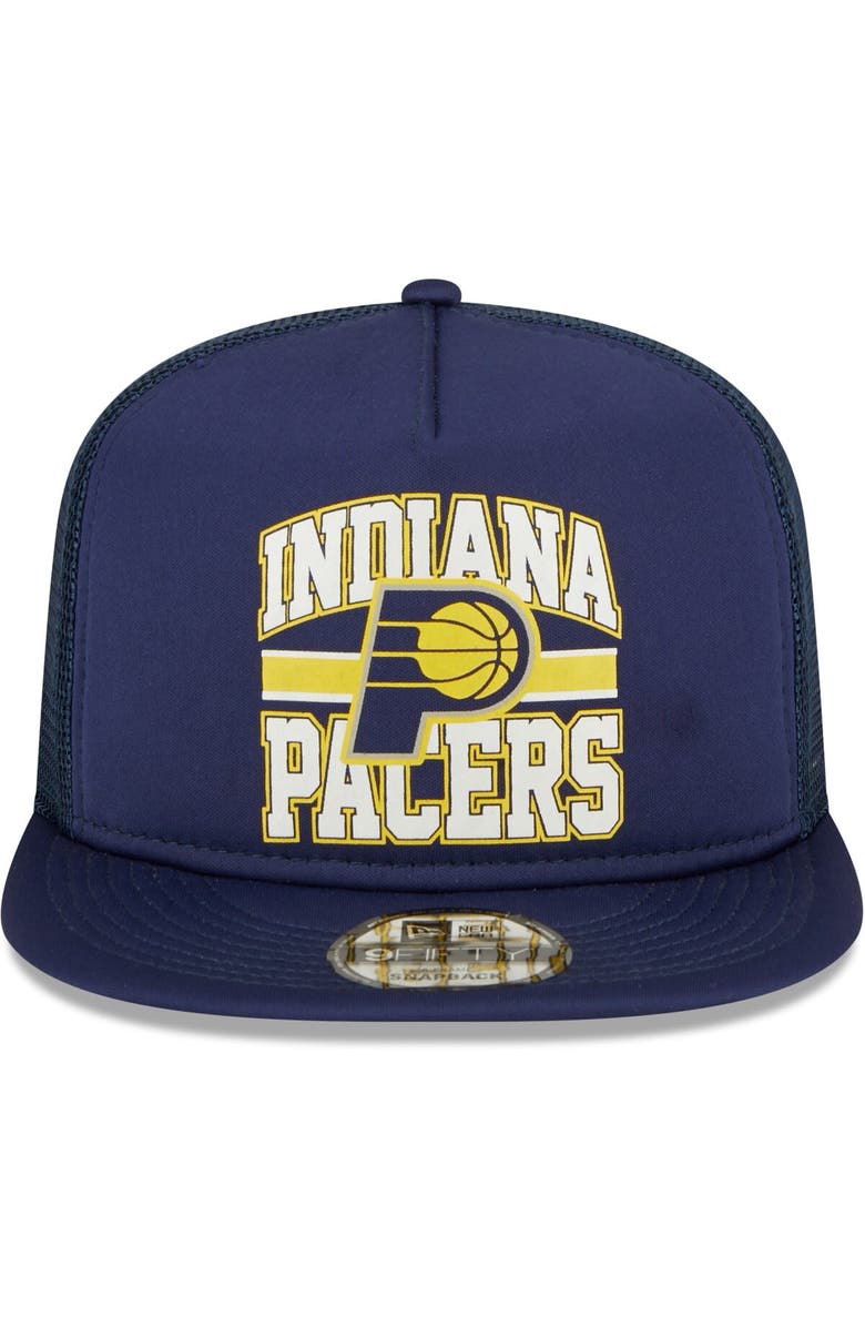 New Era Men's New Era Navy Indiana Pacers A-Frame 9FIFTY Snapback Trucker Hat, Alternate, color,