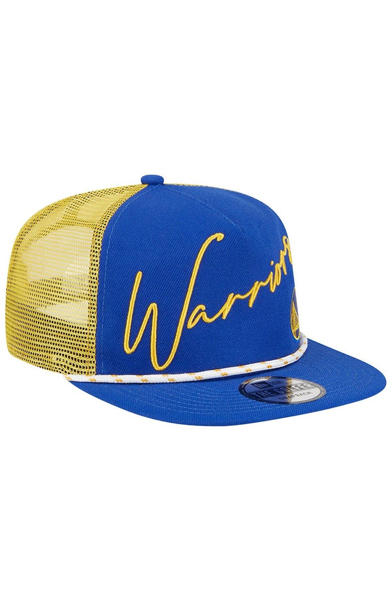 New Era Men's New Era Blue Golden State Warriors Script Logo Golfer 9FIFTY Snapback Hat, Alternate, color, 