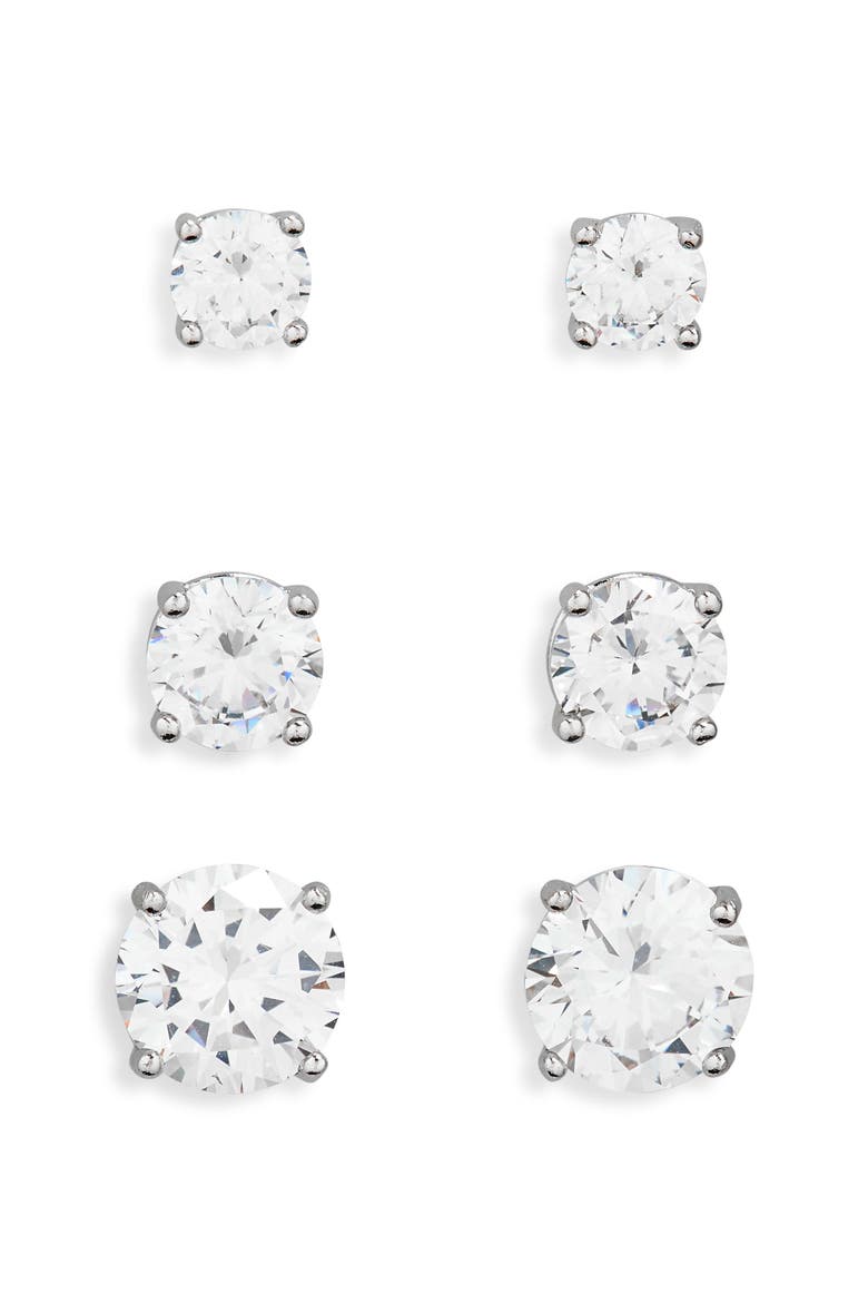 Set of 3 CZ Stud Earrings, Alternate, color, CLEAR- SILVER