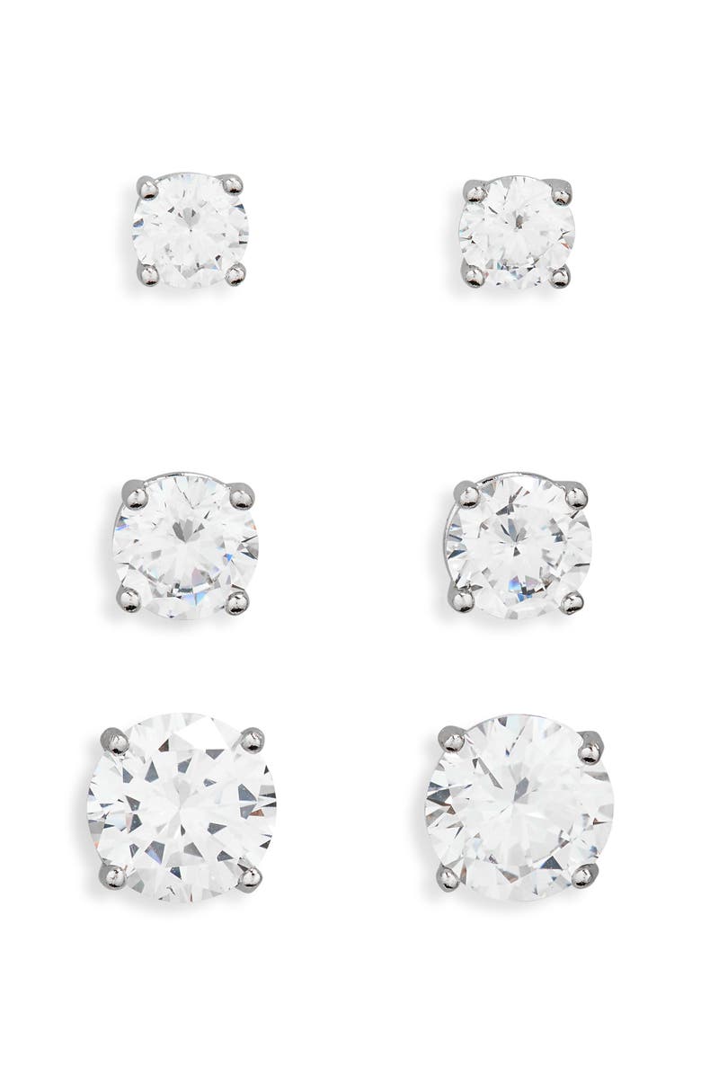 NORDSTROM RACK Set of 3 CZ Stud Earrings, Alternate, color, Clear- Silver