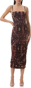 AFRM Hazel Ruched Printed Lace Midi Dress