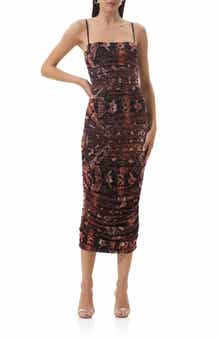 AFRM Hazel Ruched Printed Lace Midi Dress