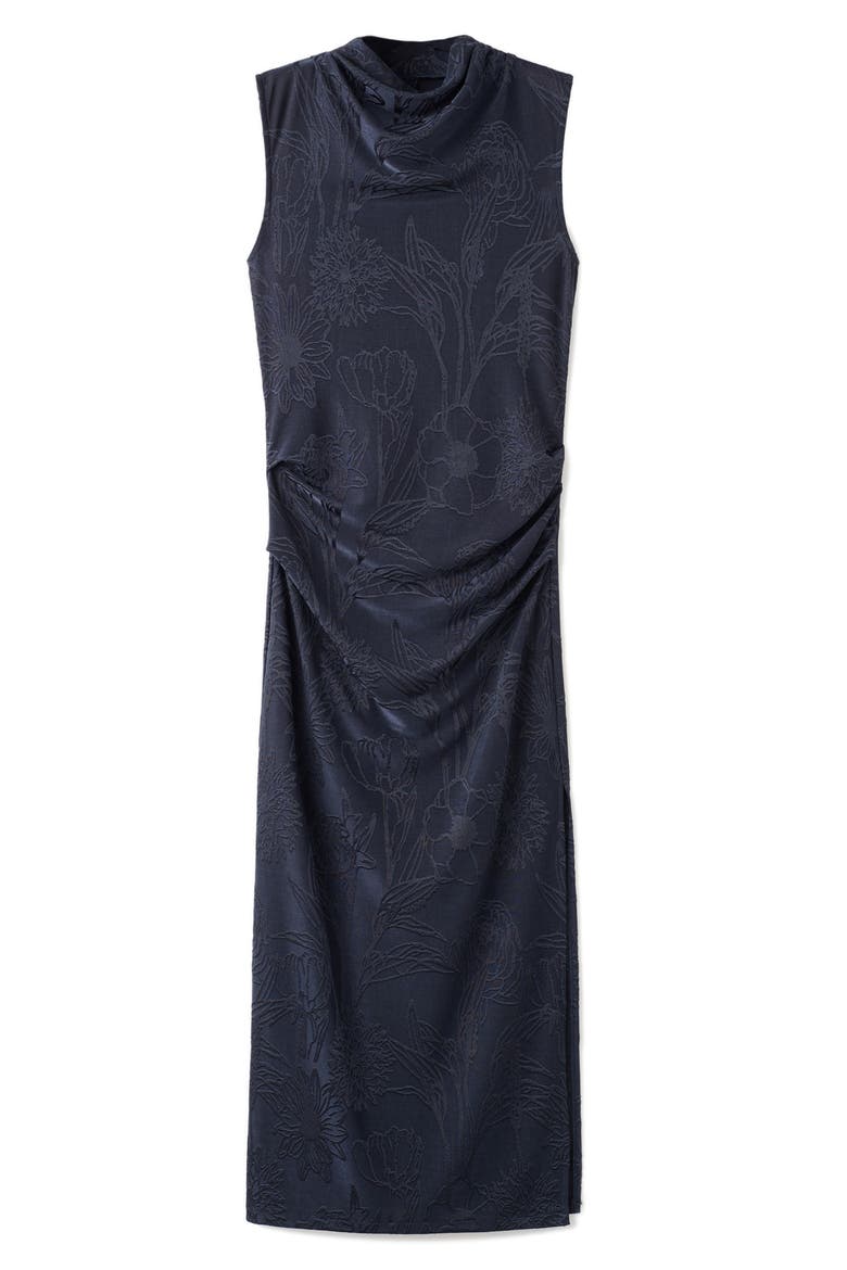 Draped Embroidered Sleeveless Midi Dress, Alternate, color, NAVY
