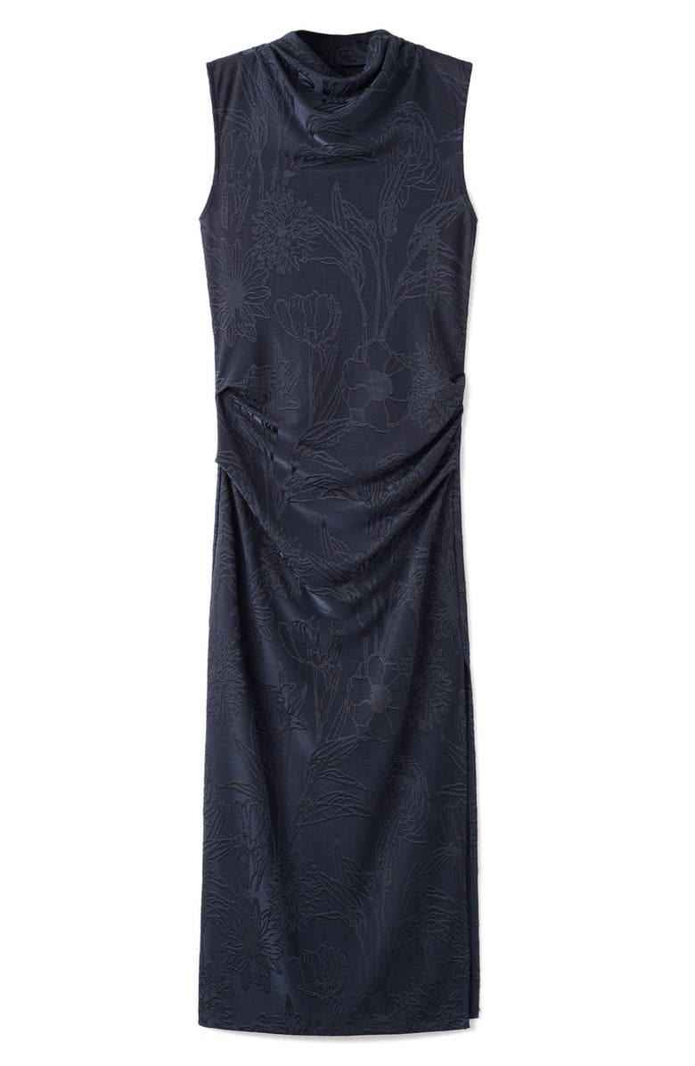 MANGO Draped Embroidered Sleeveless Midi Dress, Alternate, color, Navy