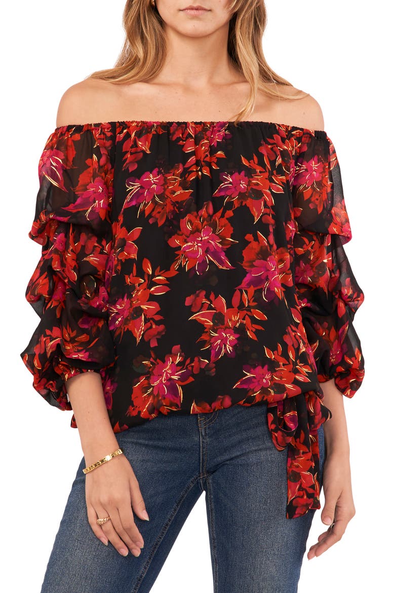 Balloon Sleeve Off the Shoulder Top, Main, color, RICH BLACK/ PINK